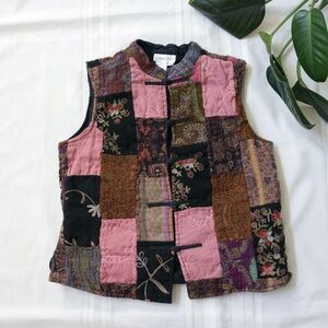 Coldwater Creek patchwork embroidered vest with frog closures